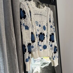 Sea New York Crochet Sweater with Blue and Black Floral Design